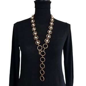 Vintage Signed YSL Pearl Chain Convertible Belt Necklace Gold